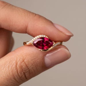 Marquise Ruby Promise Ring, 14K Gold Plated Sterling Silver Bypass Ring, July Birthstone Anniversary Gift for Her, Lab Created Ruby