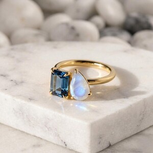 Emerald Cut Blue Topaz & Pear Moonstone Toi et Moi Ring,  Yellow Gold platedTwo Stone Ring, Modern Engagement Ring, Anniversary Gift For Her