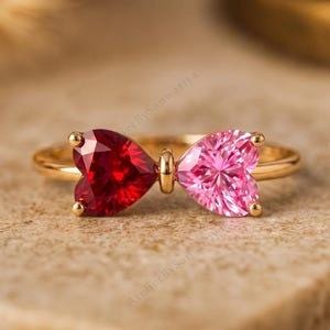 Toi et Moi Heart Ring Lab Created Ruby and Pink Sapphire Bow Ring 14K Gold Plated Silver Promise Ring Romantic Anniversary Gift for Her