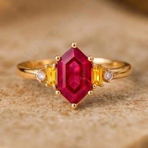 Hexagon Ruby Engagement Ring, Art Deco Alternative Engagement Ring for Women, Yellow Gold Promise Ring, Baguette Citrine Anniversary Gift