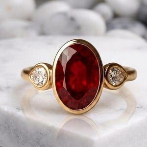 14KSolid Gold Plated Oval Ruby Diamond Ring, July Birthstone Engagement Ring, Bezel-Set Ruby Ring, Side Pear Diamonds, Modern Statement Ring
