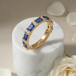 Blue Sapphire Eternity Band Baguette Cut Sapphire Ring Gold Plated Silver Simulated Blue Gemstone Stackable Wedding Band Bridal Jewelry