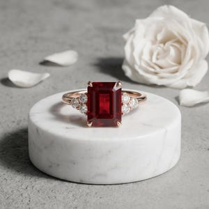 Emerald Cut Ruby Engagement Ring, Art Deco Sterling Silver Wedding Band