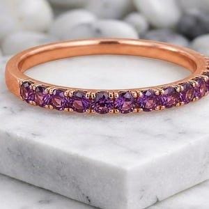 925 silver Dainty Round Amethyst Band Ring, Half Eternity Purple Stone Ring, Minimalist Stackable Bridesmaid Jewelry, February Birthstone