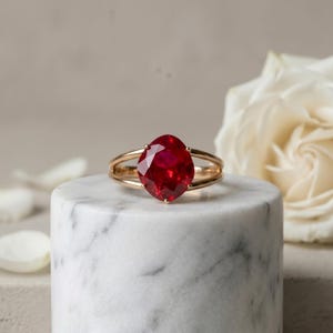 Oval Ruby Engagement Ring, 14K Gold Plated Split Shank, July Birthstone Statement Ring