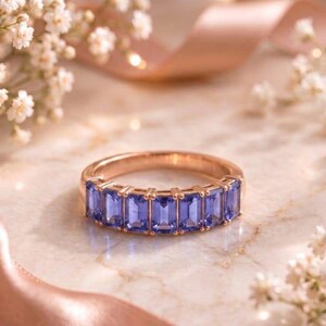 14K Rose Gold Plated Silver Half Eternity Ring Emerald Cut Blue Tanzanite Prong Setting Simulated Gemstone Stackable Wedding Band