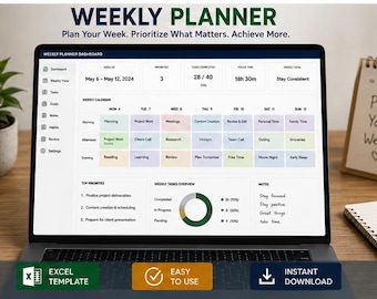 Modèle Excel de planification hebdomadaire | Emploi du temps hebdomadaire | Planificateur de productivité | Suivi des tâches | Téléchargement instantané