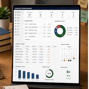 Peut inclure: Un tableau de bord numérique de suivi des devoirs affiché sur un écran de tablette, comprenant des sections pour les échéances à venir, des graphiques d'état, un calendrier et des indicateurs de performance et notes moyennes.