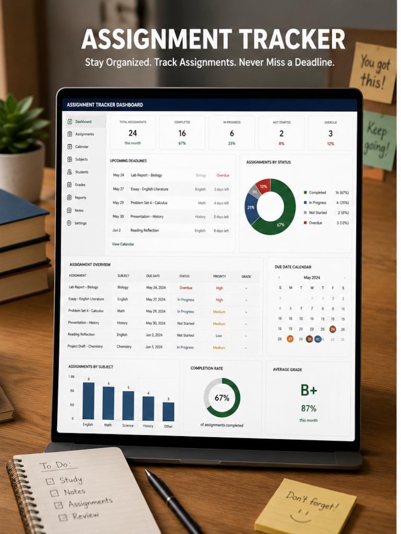 Peut inclure: Un tableau de bord num&eacute;rique de suivi des devoirs affich&eacute; sur un &eacute;cran de tablette, comprenant des sections pour les &eacute;ch&eacute;ances &agrave; venir, des graphiques d'&eacute;tat, un calendrier et des indicateurs de performance et notes moyennes.