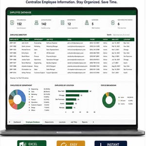Puede incluir: Una pantalla de portátil que muestra un panel de base de datos de empleados con métricas de personal, departamentos y ubicaciones. La interfaz incluye una tabla detallada de empleados, un gráfico de anillos y un gráfico de barras horizontal.