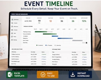 Modèle Excel de calendrier d'événements | Chronologie de mariage | Planificateur d'événements | Téléchargement instantané