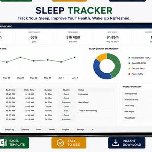 Può includere: Una dashboard digitale per il monitoraggio del sonno visualizzata su uno schermo, con un grafico a linee per la durata del sonno, un grafico a torta per la qualità del sonno e una tabella di registro dettagliata con date, orari e note.