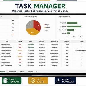 Puede incluir: Un panel de control de gestión de tareas digital en la pantalla de un portátil, con una tabla de resumen, un gráfico circular de prioridades y un gráfico de barras de estado. Debajo hay tres botones con las etiquetas Excel Template, Easy to Use e Instant Download.