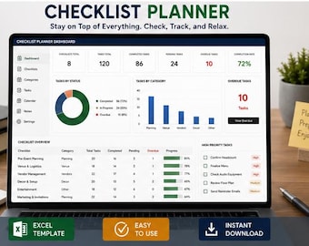 Modèle Excel de liste de contrôle | Liste de contrôle pour mariage | Liste de contrôle pour événements | Organiseur de planification | Téléchargement instantané