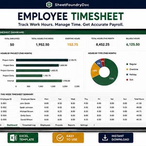 Puede incluir: Un panel digital de hojas de horas de empleados en una pantalla de portátil, que muestra métricas de horas totales, extras y facturables, junto con un gráfico de barras horizontales, un gráfico circular y una tabla de resumen semanal detallada.