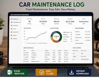 Modèle Excel de carnet d'entretien automobile | Suivi de l'entretien du véhicule | Carnet d'entretien auto | Téléchargement instantané