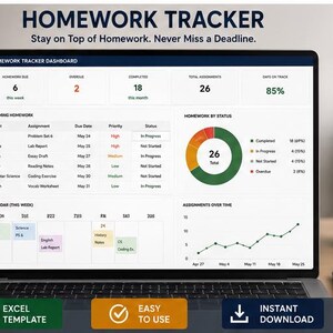 Peut inclure: Un écran d'ordinateur portable affichant un tableau de bord de suivi des devoirs avec des listes de tâches, un graphique en anneau, un calendrier hebdomadaire et un graphique linéaire. L'interface inclut des titres comme Homework Tracker.