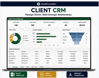 クライアントCRM Excelテンプレート | 顧客関係管理スプレッドシート | クライアントトラッカー | 即時ダウンロード