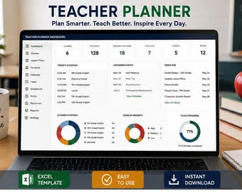 Lehrerplaner-Vorlage (Excel) | Klassenplaner | Unterrichtsplaner | Bildungsplaner | Sofort-Download