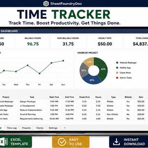 Puede incluir: Un panel de control digital de seguimiento de tiempo en pantalla, con un gráfico lineal de horas, un gráfico circular por proyecto y una tabla de registro detallada. La interfaz muestra las horas totales, las horas facturables y los ingresos.