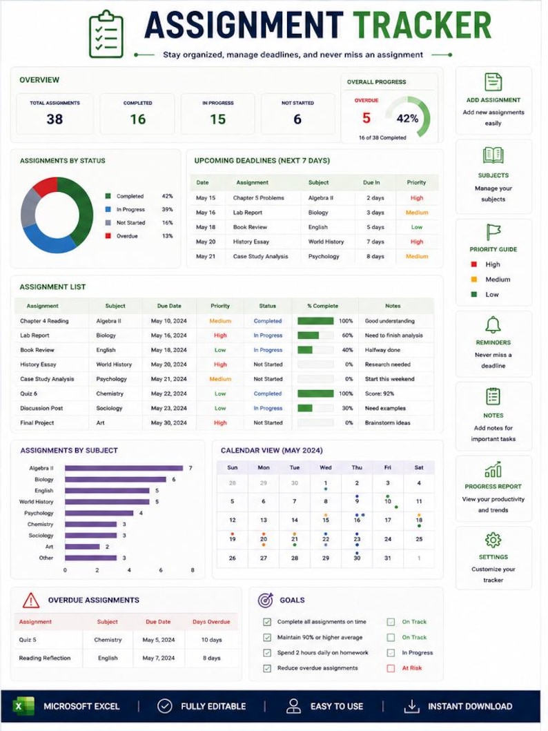 Peut inclure: Un mod&egrave;le num&eacute;rique Assignment Tracker pour Microsoft Excel comprenant un tableau de bord avec un aper&ccedil;u, une liste de devoirs, des graphiques de statut, des &eacute;ch&eacute;ances, un calendrier de mai 2024, des retards et des objectifs en vert et blanc.