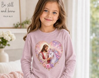 Jesus with Unicorn Heart Youth Long Sleeve Tee | Christian Kids Faith Shirt