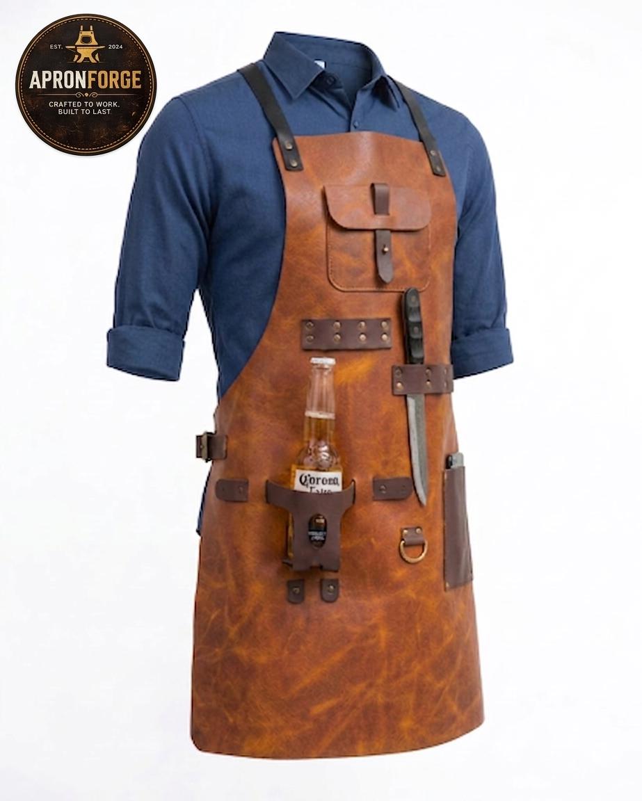 Handmade Leather BBQ Apron with Bottle Holder, Knife Pocket Grill