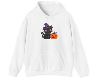 Cute Black Kitty Witch Hoodie | Halloween Pumpkin Cat Graphic