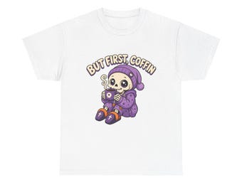 First Coffin cute skeleton kid tee | Halloween purple pajamas illustration