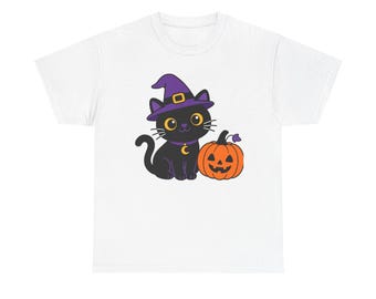 Meow-loween black cat witch Tee | Halloween pumpkin kitty shirt