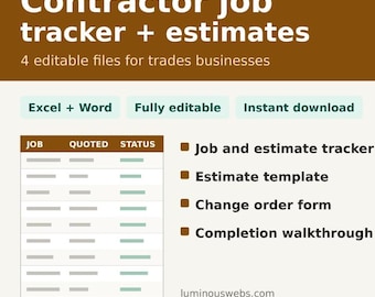 Contractor Job Tracker and Estimate Template | Excel Job Costing Spreadsheet, Change Order Form, Word Estimate | Instant Download