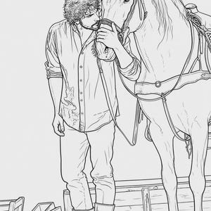 May include: A black and white line art illustration depicting a person with curly hair wearing a button-down shirt and tall boots, standing beside a saddled horse. The person is gently touching the horse's muzzle in a quiet, outdoor setting.