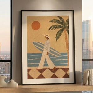 Kustväggkonst Vintage Surftryck, Retro Surfertjej med Palm, Strandhusdekoration bild 1