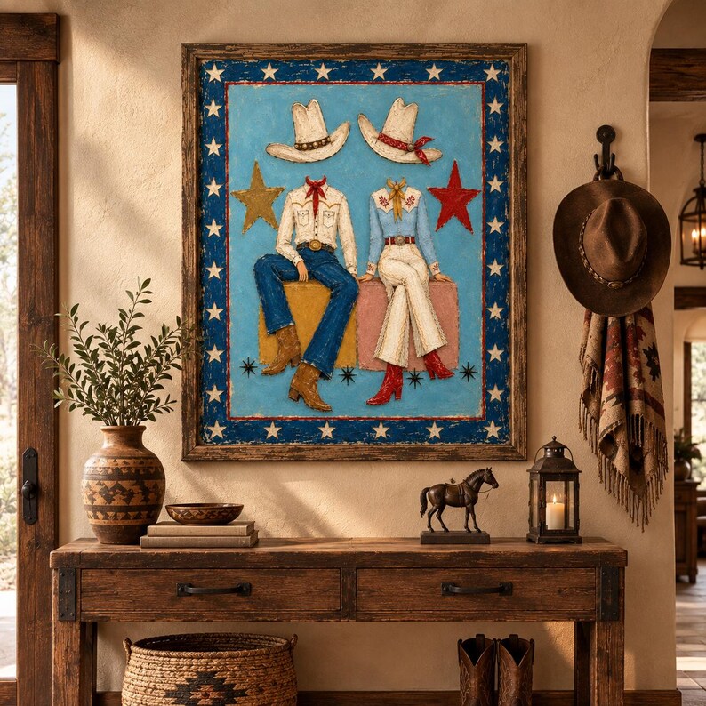 May include: A framed wall art piece featuring two headless figures wearing cowboy hats, shirts, and pants, sitting on blocks against a light blue background. The border is dark blue with white stars, and gold and red stars flank the figures.