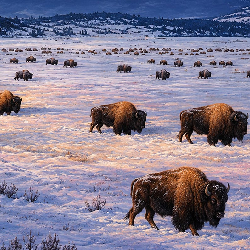 Close-up detail of the winter bison herd artwork showing painterly texture, bison in snow and warm sunset light on the valley
