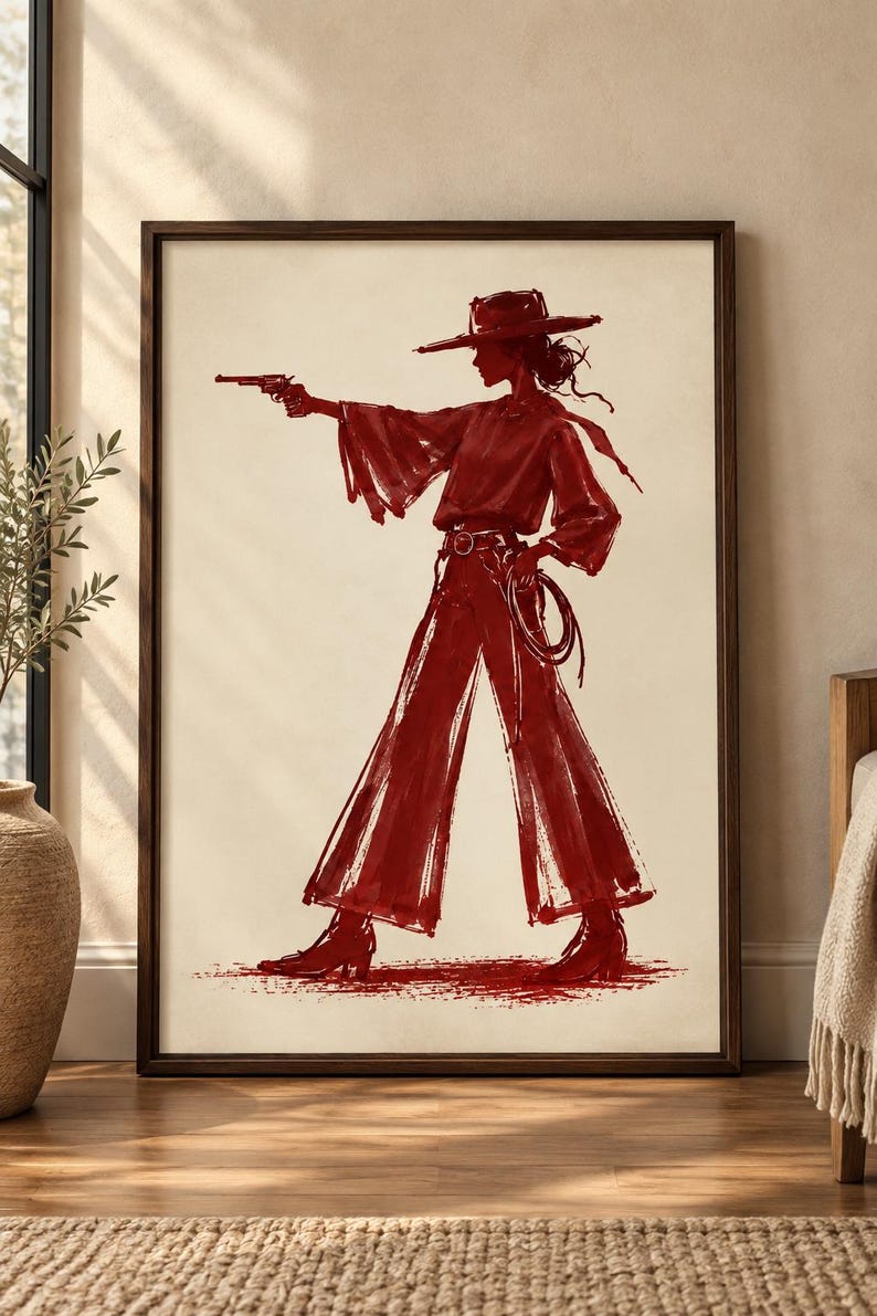May include: A framed wall art print featuring a dark red ink sketch of a figure wearing a wide-brimmed hat, a long-sleeved top, and flared trousers. The figure holds a revolver in one hand and a coiled rope in the other, set against a cream background.