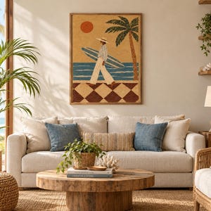 Kustväggkonst Vintage Surftryck, Retro Surfertjej med Palm, Strandhusdekoration bild 7