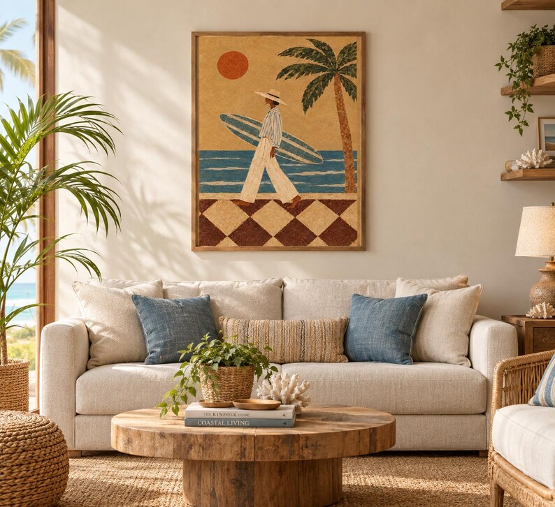 Kustväggkonst Vintage Surftryck, Retro Surfertjej med Palm, Strandhusdekoration bild 7