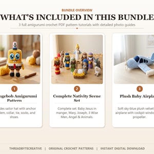 Pu&ograve; includere: Una panoramica di un pacchetto digitale che include tre schemi per uncinetto in PDF: un amigurumi di Spongebob con cappello da marinaio, un set completo per presepe con personaggi e animali, e un aereo per neonati in velluto azzurro con elica.