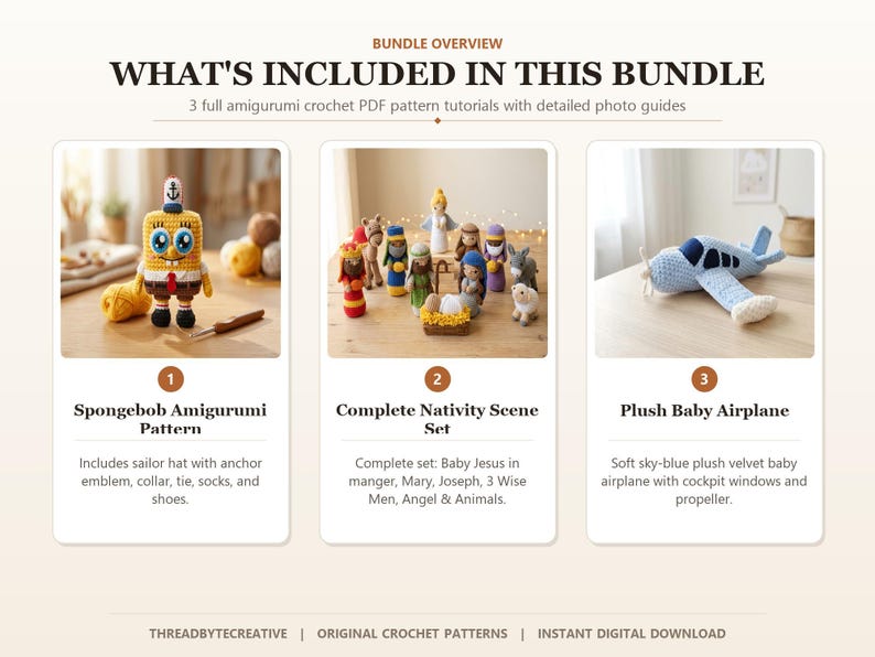 Pu&ograve; includere: Una panoramica di un pacchetto digitale che include tre schemi per uncinetto in PDF: un amigurumi di Spongebob con cappello da marinaio, un set completo per presepe con personaggi e animali, e un aereo per neonati in velluto azzurro con elica.
