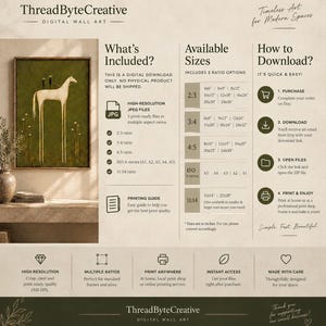 May include: An informational graphic for ThreadByteCreative digital wall art featuring a white horse illustration on a green background. It details download instructions, available sizes in inches, and file ratios for high-resolution JPEG prints.