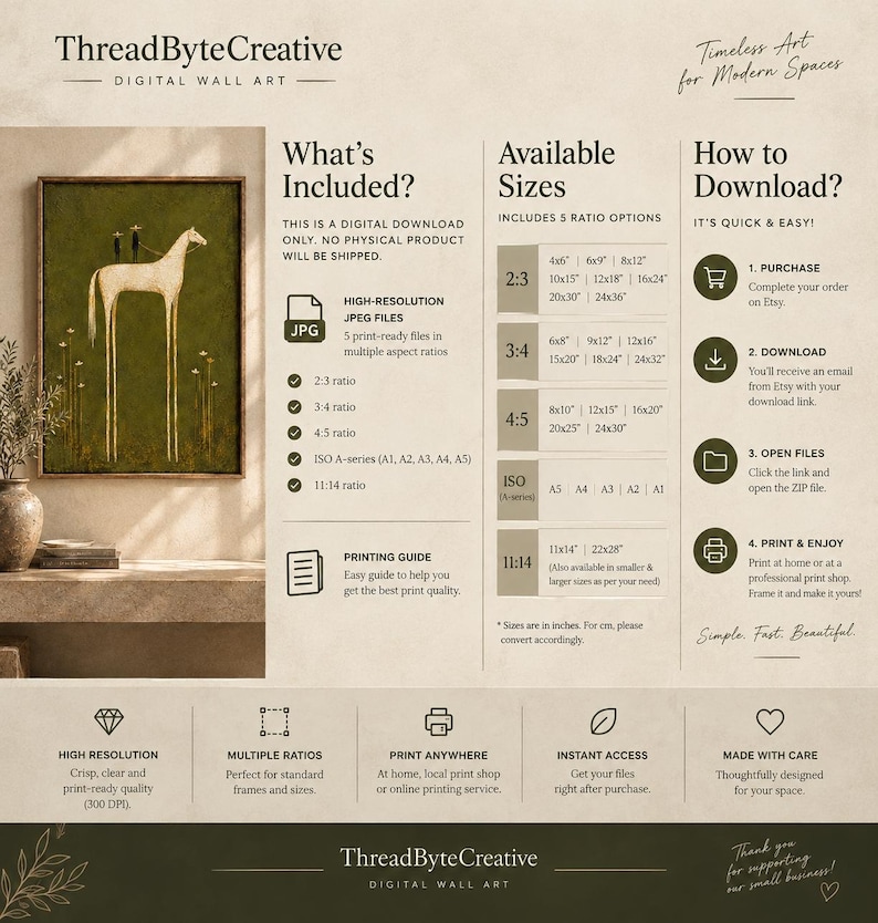 May include: An informational graphic for ThreadByteCreative digital wall art featuring a white horse illustration on a green background. It details download instructions, available sizes in inches, and file ratios for high-resolution JPEG prints.