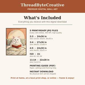 What's included with this digital download: 5 high-resolution 300 DPI JPG files of the white cat reading in bed artwork, plus a printing guide