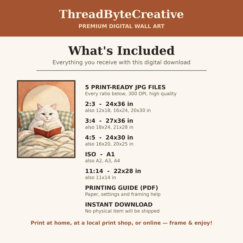 What's included with this digital download: 5 high-resolution 300 DPI JPG files of the white cat reading in bed artwork, plus a printing guide