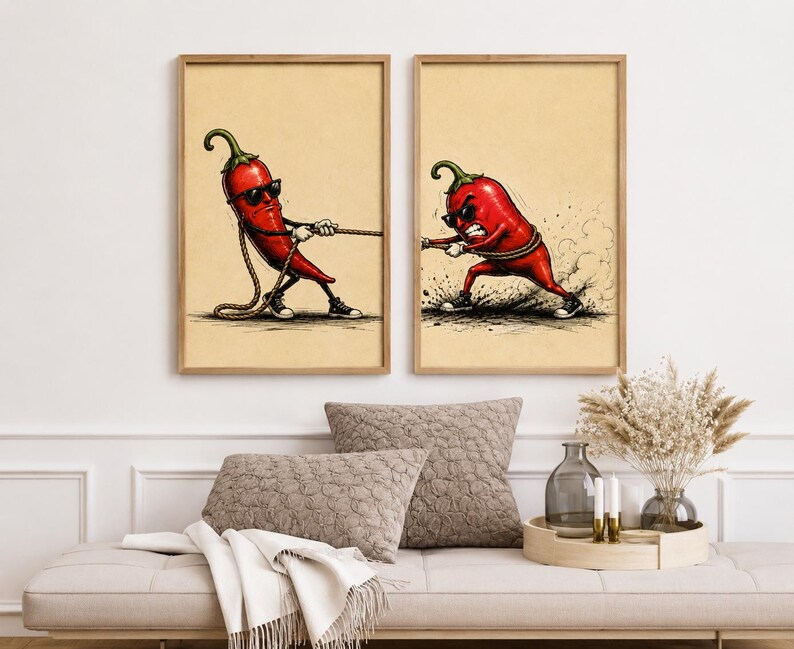May include: Two framed wall art prints featuring a red chilli pepper character wearing sunglasses and trainers. In the left print, the chilli pulls a rope, and in the right print, the chilli pulls the other end of the rope with an angry expression.