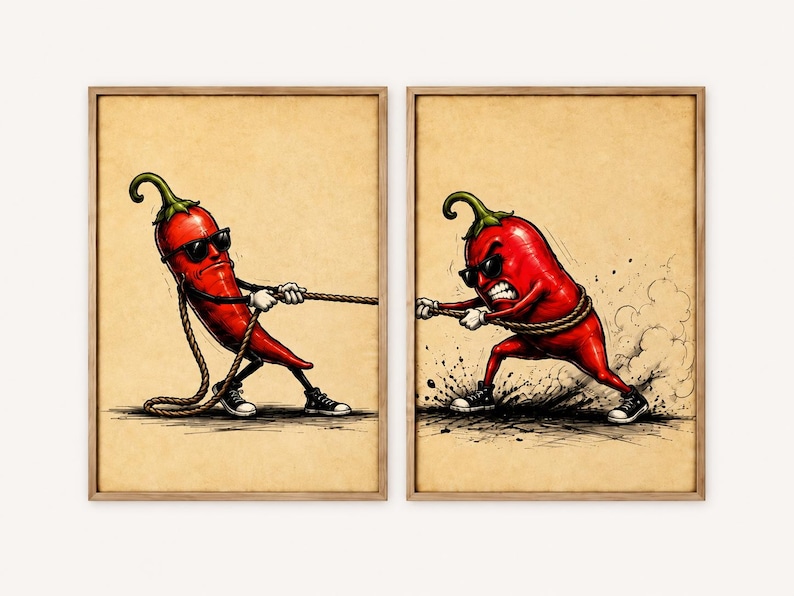 May include: Two framed wall art prints featuring a red chilli pepper character in each. The left chilli wears sunglasses and pulls a rope. The right chilli wears sunglasses, has an angry expression, and pulls the rope, creating dust and debris.
