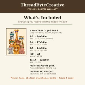 May include: Digital wall art listing by ThreadByteCreative featuring a group of cartoon animals wearing sunglasses, including a giraffe, zebra, tiger, leopard, monkey, lion, elephant, and hippo. Includes 5 print-ready JPG files in various ratios.