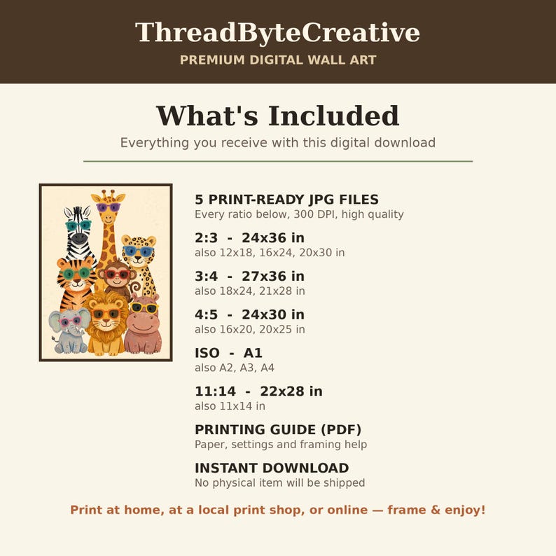 May include: Digital wall art listing by ThreadByteCreative featuring a group of cartoon animals wearing sunglasses, including a giraffe, zebra, tiger, leopard, monkey, lion, elephant, and hippo. Includes 5 print-ready JPG files in various ratios.