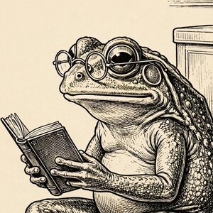 Rolig Badrum Väggkonst, Groda på Toaletten Tryck, Vintage Retro Groda Läser Bok Digital Nedladdning bild 9