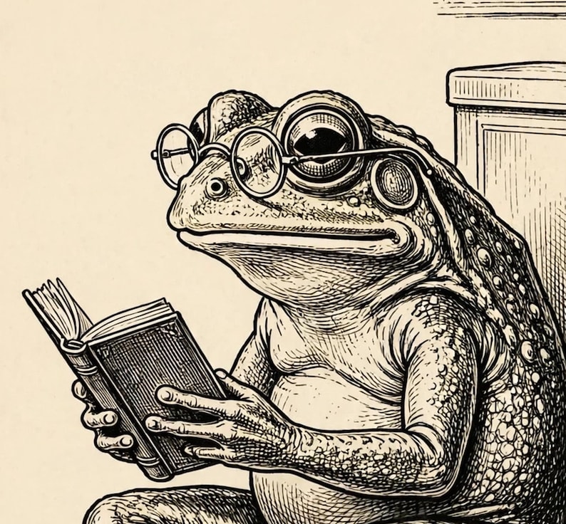 Rolig Badrum Väggkonst, Groda på Toaletten Tryck, Vintage Retro Groda Läser Bok Digital Nedladdning bild 9